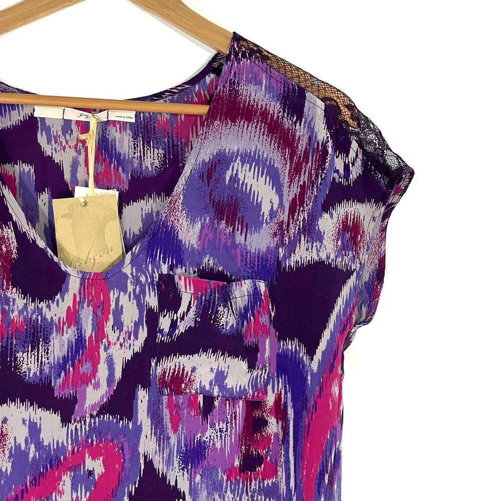 Gibson Women’s Size Small Antique Purple 100% Silk Short Sleeve Pocket Blouse - Picture 3 of 10